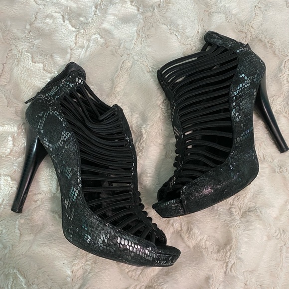 Black and Silver Snakeskin Strappy Heels - Picture 1 of 5